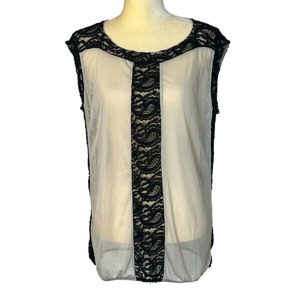 Maurice Lace Tank Top Sleeveless Blouse Sheer Black Beige Women's Large - Picture 1 of 11